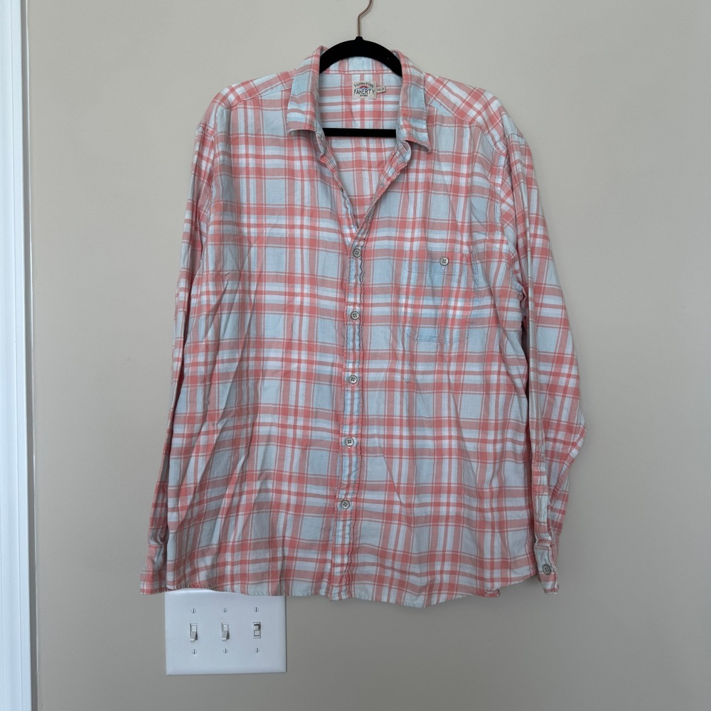 Faherty Brand Mens XXL Plaid Button Down Shirt Indigo Dyed Coral Blue Cotton